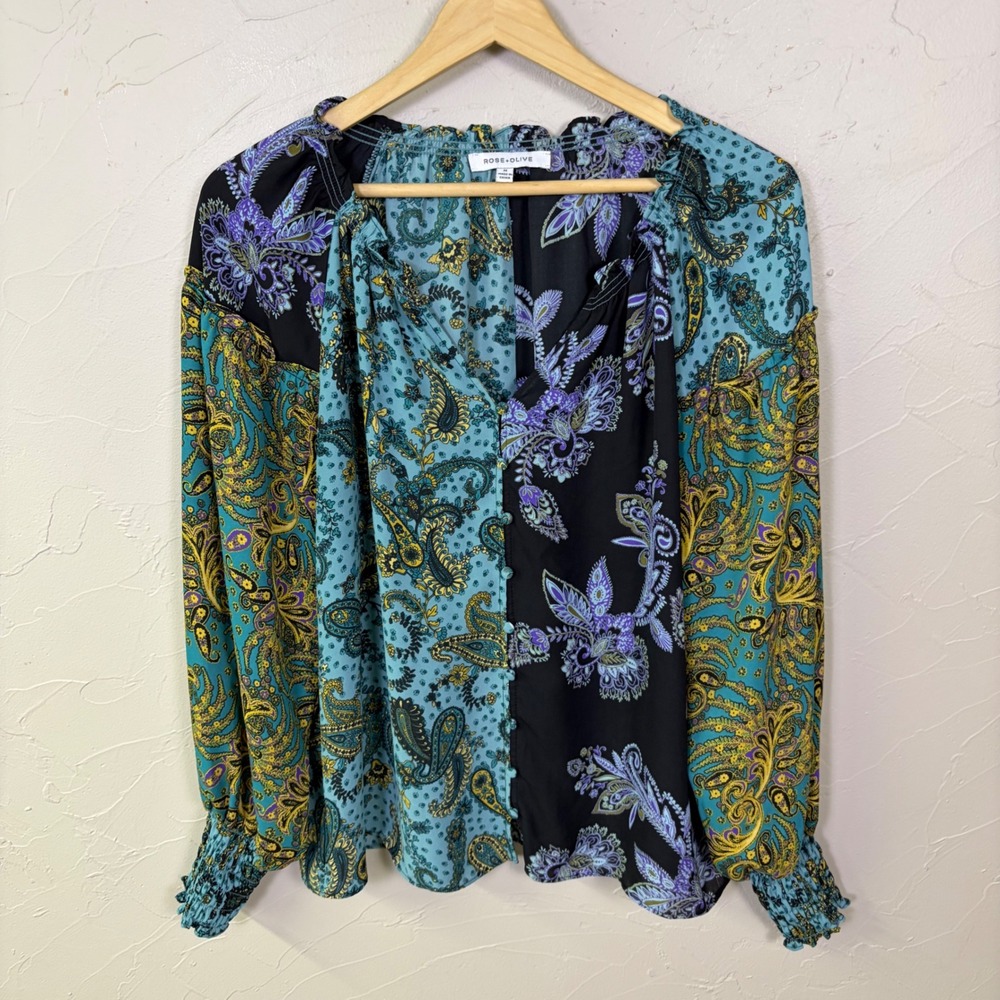 Rose + Olive Paisley Print Blouse Womens Medium Boho Peasant Parchwork Top